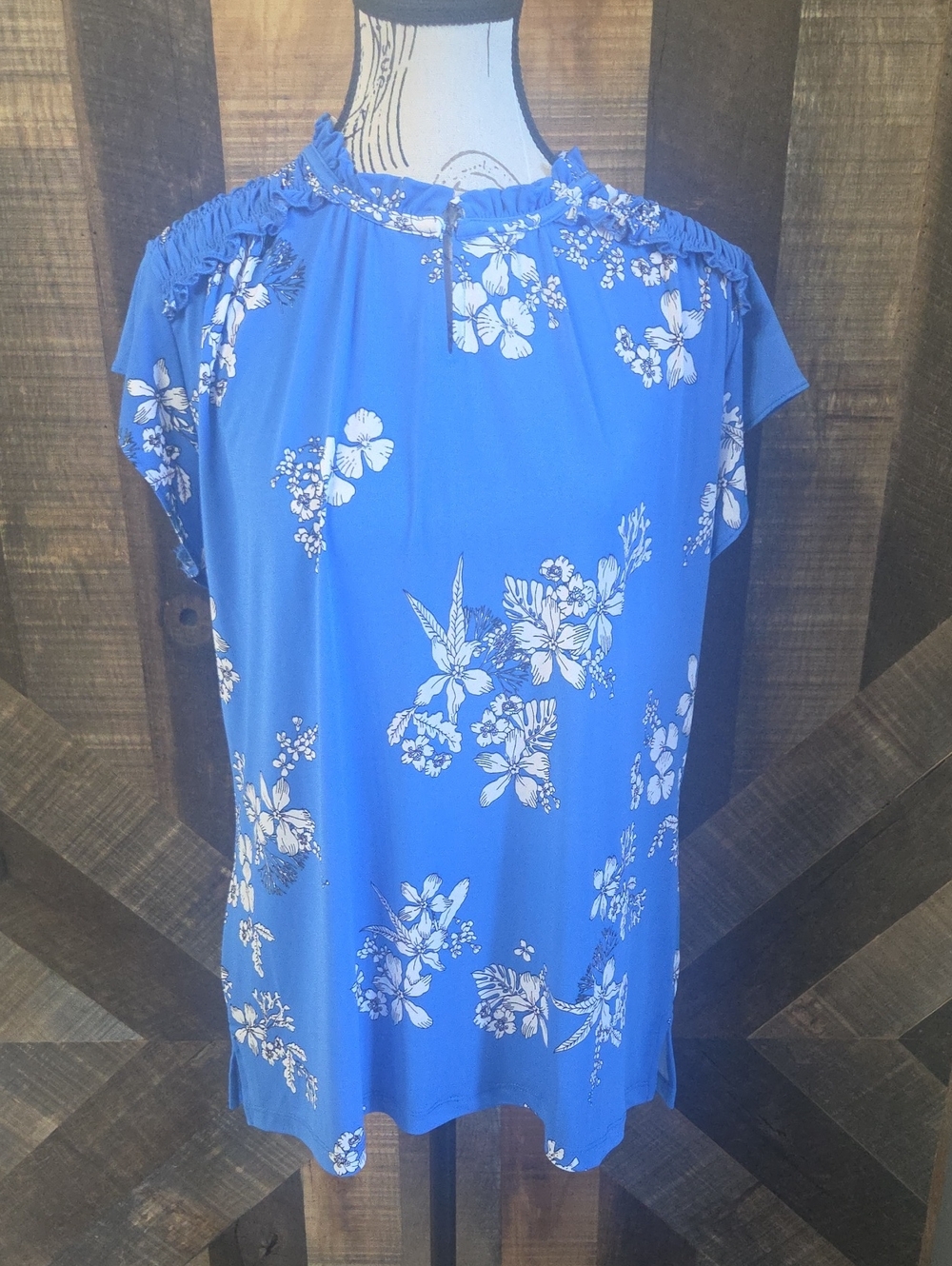 Liz Claiborne Royal Blue Floral Short Sleeve Blouse
